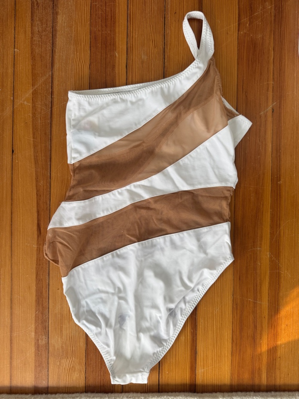 Norma Kamali White One-Shoulder Swimsuit with Tan Mesh Stripes